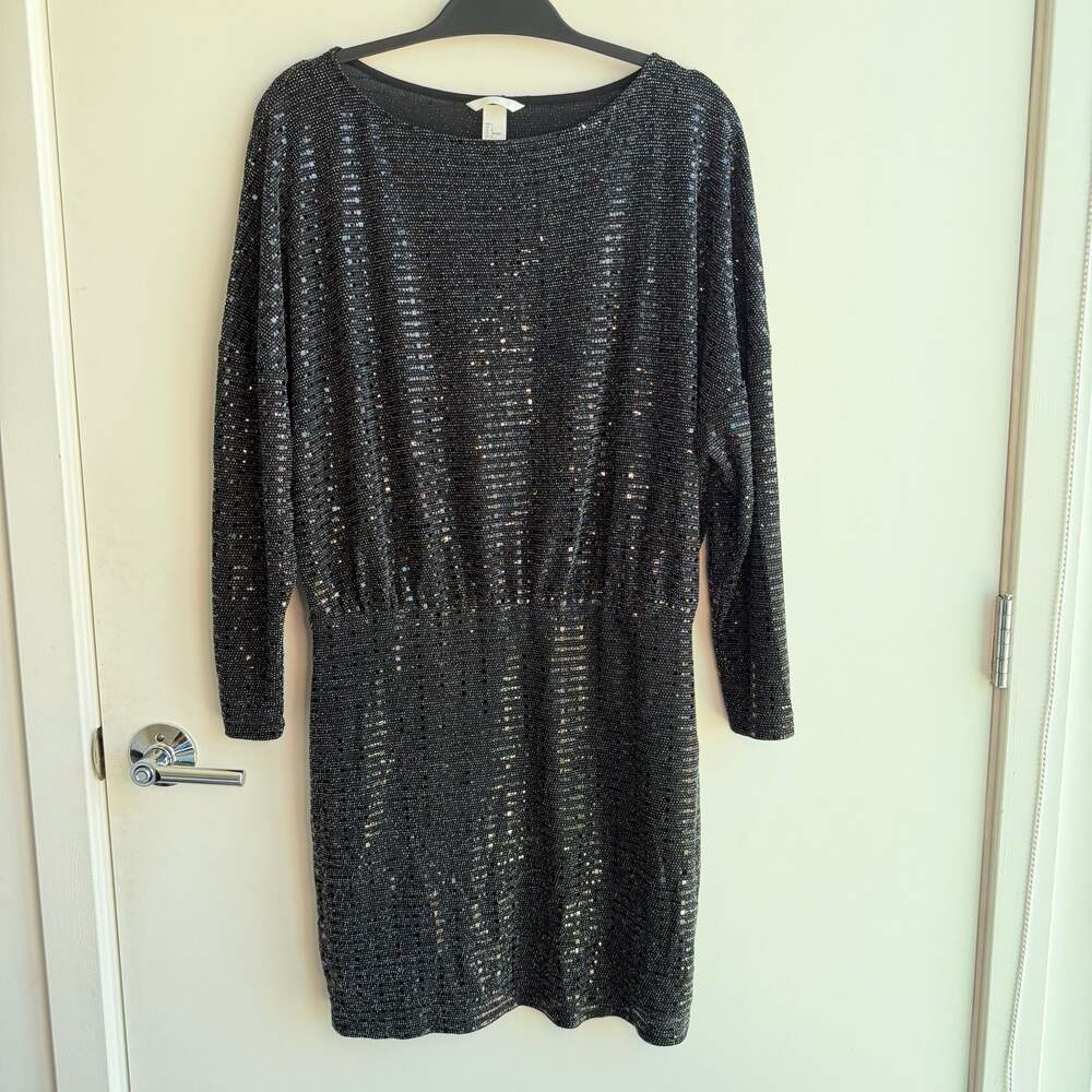 H&M Black Sequin Long Sleeve Dress Size L